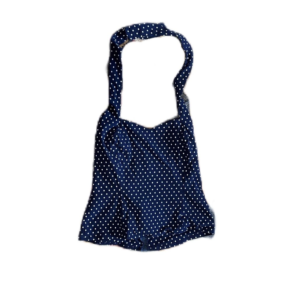 Unique Vintage Navy Blue Polka Dot Halter Top Top Size 2XL